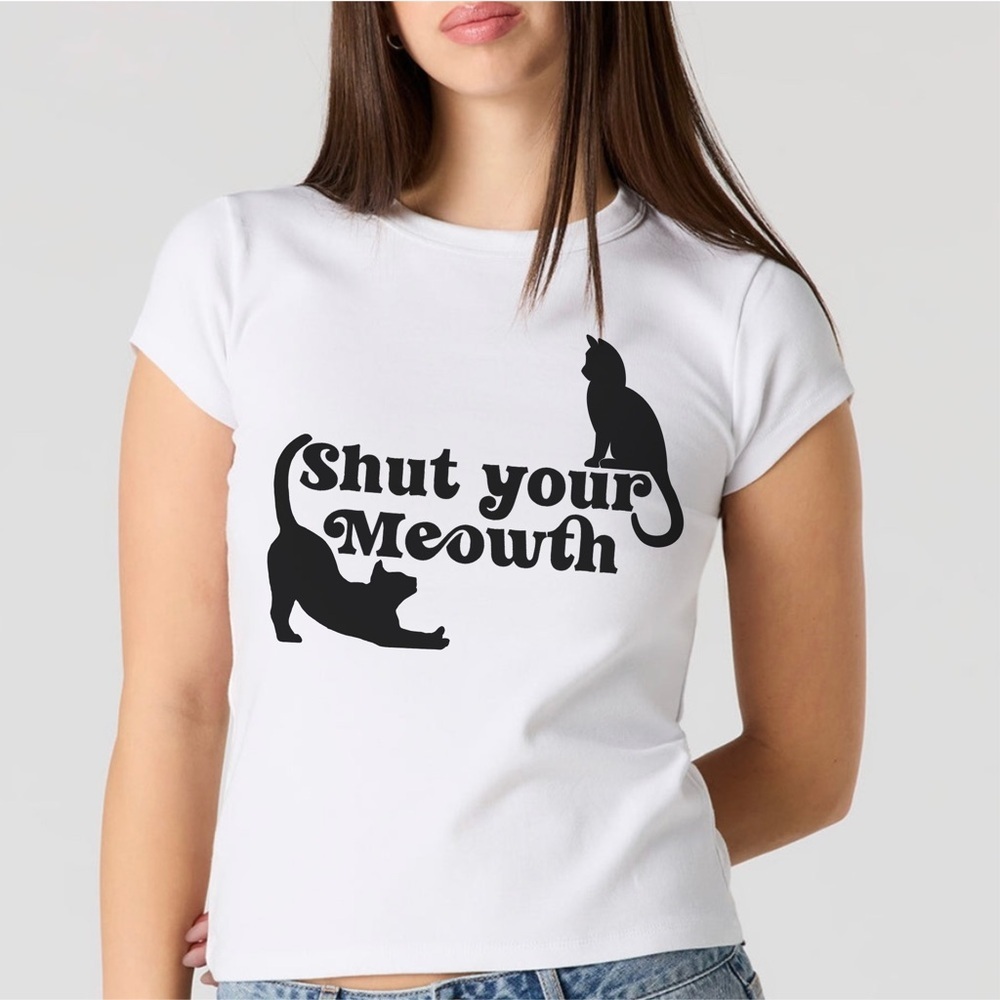 “Shut Your Meowth” Cat Graphic T–Shirt – Cotton Short Sleeve Crewneck – White